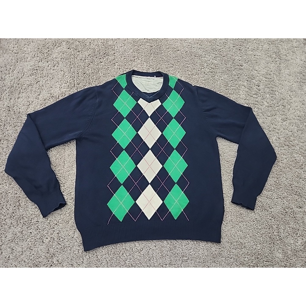 American Eagle Sweater Mens M Navy Blue Argyle Good Retro V-Neck Pullover Cotton